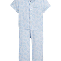Little English classic kids short-sleeve flannel style pajama set, traditional jammies with blue bunnies for Spring