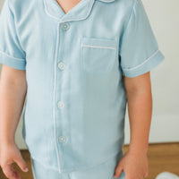 Little English classic kids short-sleeve flannel style pajama set, traditional jammies in light blue for Spring