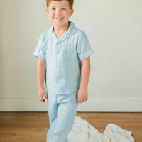 Little English classic kids short-sleeve flannel style pajama set, traditional jammies in light blue for Spring