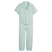 Little English classic kids short-sleeve flannel style pajama set, traditional jammies in green and blue plaid for Spring, Wingate Plaid print