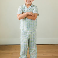 Little English classic kids short-sleeve flannel style pajama set, traditional jammies in green and blue plaid for Spring, Wingate Plaid print