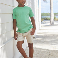 Little English classic children's clothing, boy's traditional short with zipper and belt loops in khaki twill for spring