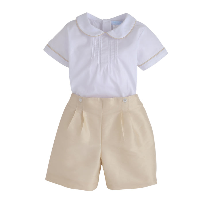 Classic Little English Boy's Formal Short Set with White Shirt and Champagne Shorts