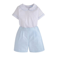 Classic Little English Boy's Formal Short Set with White Shirt and Light Blue Shorts