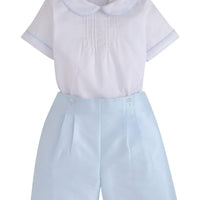 Little English traditional children's clothing.  Classic and timeless wedding short set for little boys in white and light blue.  Formal white peter pan collar top and coordinating light blue short set for special occasions 