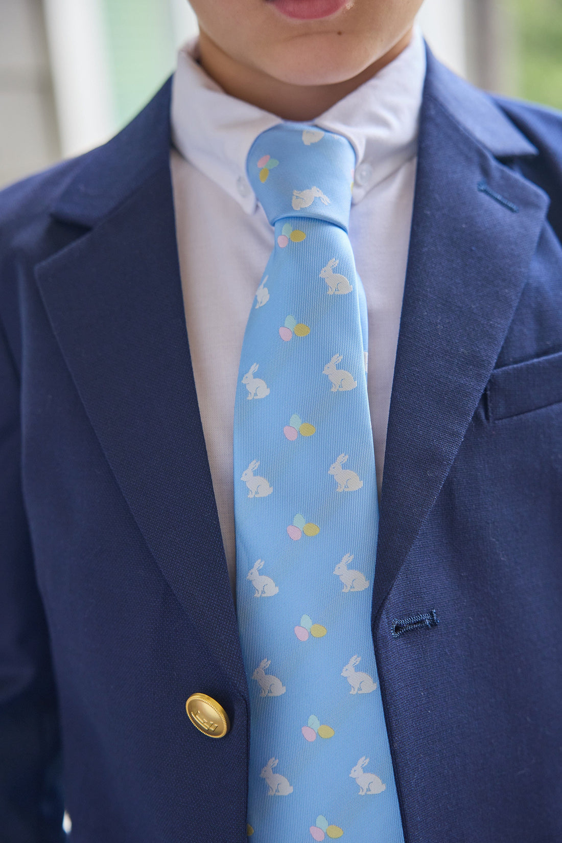 Little english classic wool blazer in navy, neck tie in light blue with bunny and easter egg motifs, for little boy 