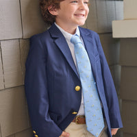 Little English classic wool blazer in navy, button down shirt in white oxford, classic pant in light pink twill, neck tie with golf cart motifs, for little boy 
