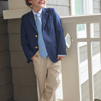 Little English classic wool blazer in navy, button down shirt in white oxford, classic pant in light pink twill, neck tie with golf cart motifs, for little boy 