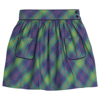 Little English classic girl's skirt with elastic back and pockets, navy and green traditional plaid skirt for fall