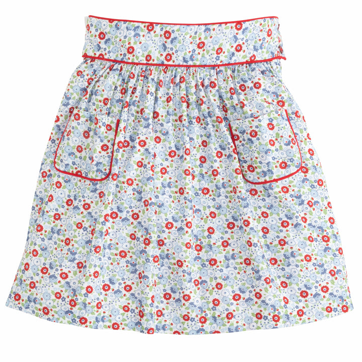 Little English classic kids clothing, girls skirt in red and blue floral pattern with pockets and red piping detailing