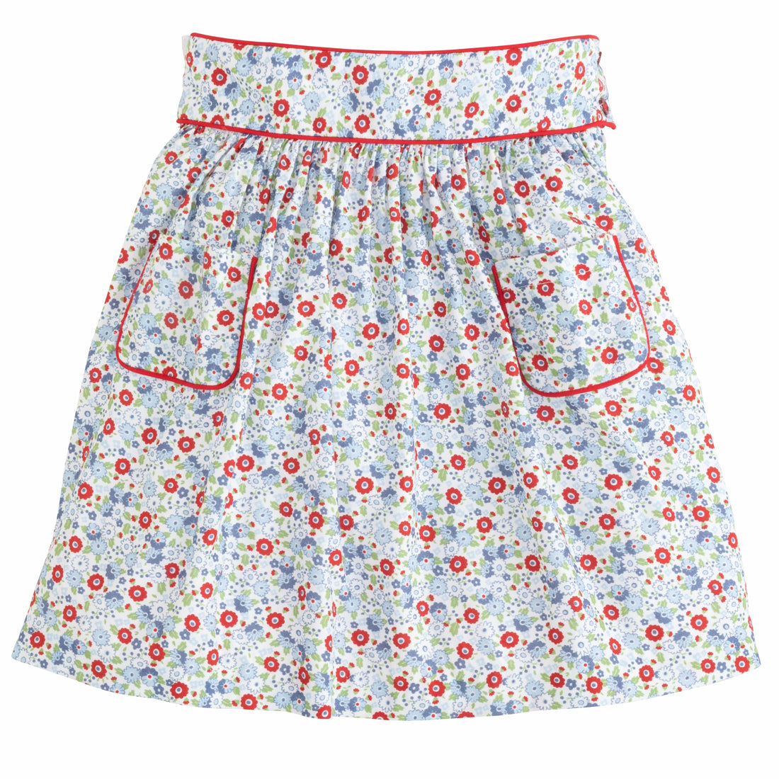 Little English classic kids clothing, girls skirt in red and blue floral pattern with pockets and red piping detailing