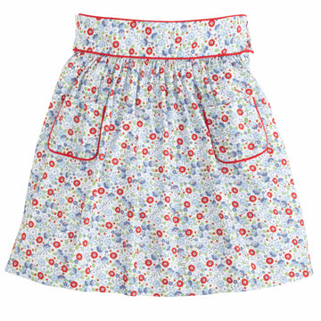 Little English classic kids clothing, girls skirt in red and blue floral pattern with pockets and red piping detailing