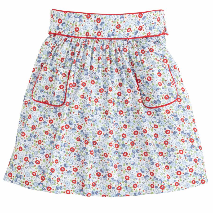Little English classic kids clothing, girls skirt in red and blue floral pattern with pockets and red piping detailing