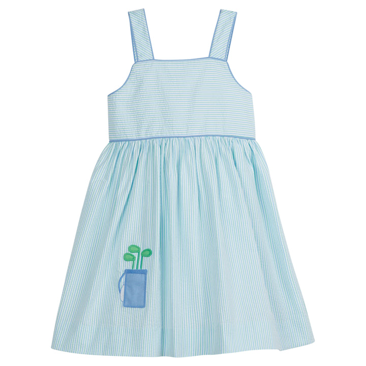 Little English traditional children's clothing, girl's classic dress in blue and green seersucker with golf bag applique for Spring