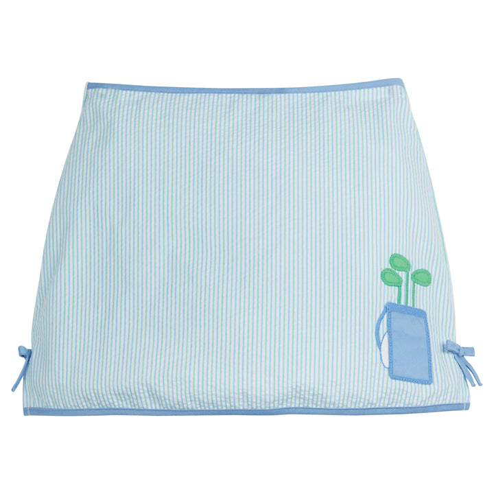 Little English traditional children's clothing, girl's classic skort in blue and green seersucker with golf bag applique for Spring