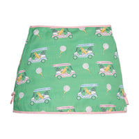 Little English traditional children's clothing.  Classic green twill skort with golf cart print and pink trim for girls.