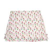 Little English traditional children's clothing.  Classic white twill skort with pink, red, and green tulip print for girls.
