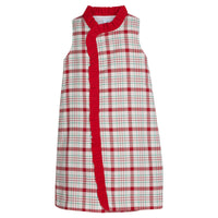 Little English tween girl holiday dress with red corduroy ruffles and plaid print