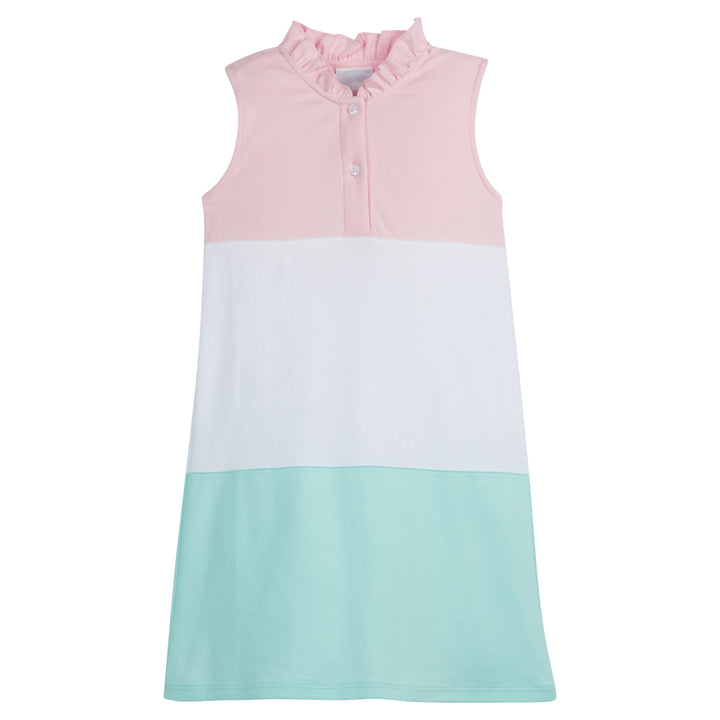 Little English classic children's clothing, girl's sleeveless ruffle collar dress in light pink, white, and aqua color block for Spring.