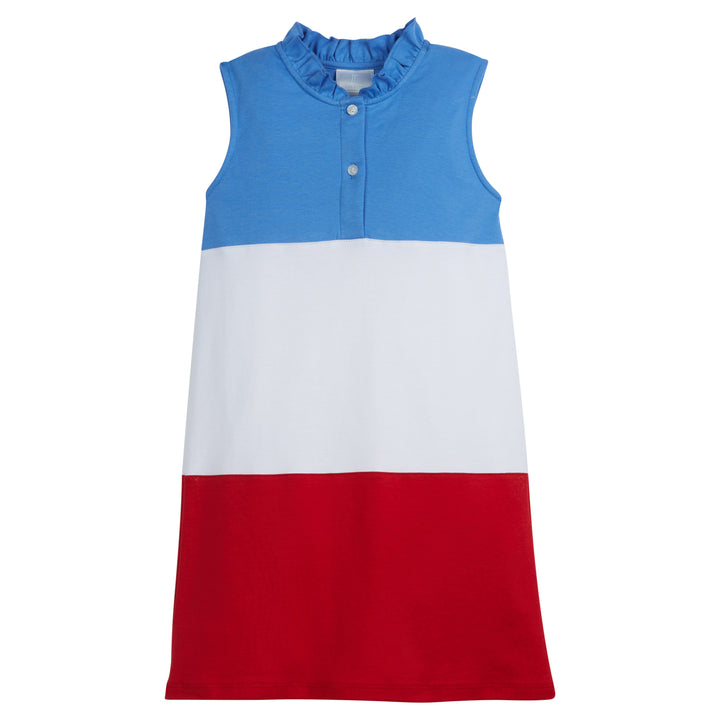 Little English classic children's clothing, girl's sleeveless ruffle collar dress in regatta blue, white, and red color block for Summer.