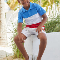 Little English classic children's clothing boy's regatta blue, white, and red color-blocked knit polo for Summer.