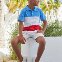 Little English classic children's clothing boy's regatta blue, white, and red color-blocked knit polo for Summer.