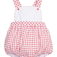 Little English traditional children's clothing. Classic red windowpane bubble or baby boys with bib front and crisscross straps in back