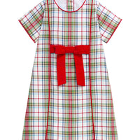 Little English classic children's clothing. Girls A-line dress in red and green plaid with red bow and red piping detail for the holidays