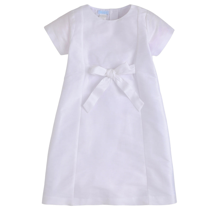 Little English girl's formal dress, white short sleeve special occasion dress with fixed bow