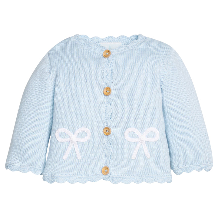 Little English traditional children's clothing.  Baby girl's blue with white bow crochet cardigan sweater for Spring.  Gift clothing for baby girl
