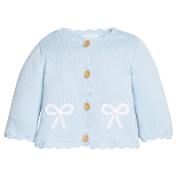 Little English traditional children's clothing.  Baby girl's blue with white bow crochet cardigan sweater for Spring.  Gift clothing for baby girl