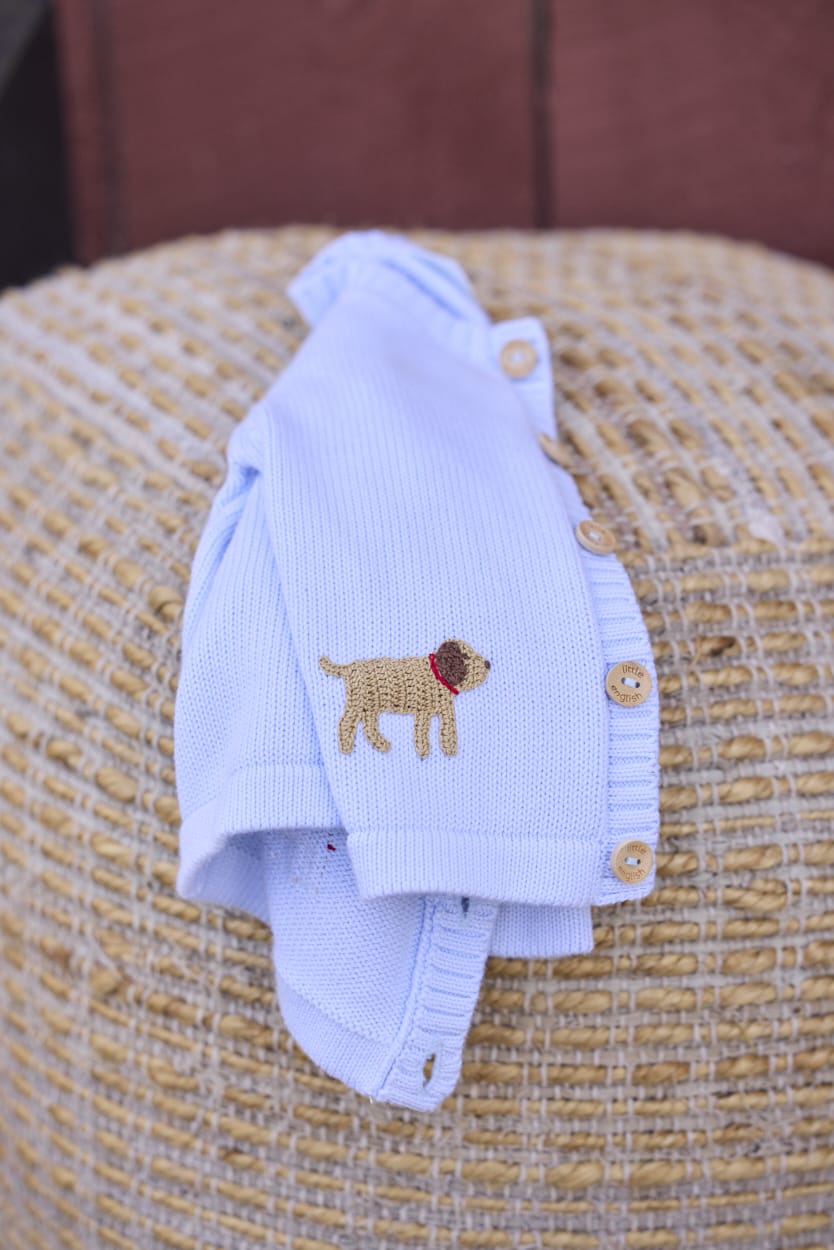 Little English traditional baby clothing, signature light blue crochet sweater with lab for baby boy