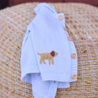 Little English traditional baby clothing, signature light blue crochet sweater with lab for baby boy
