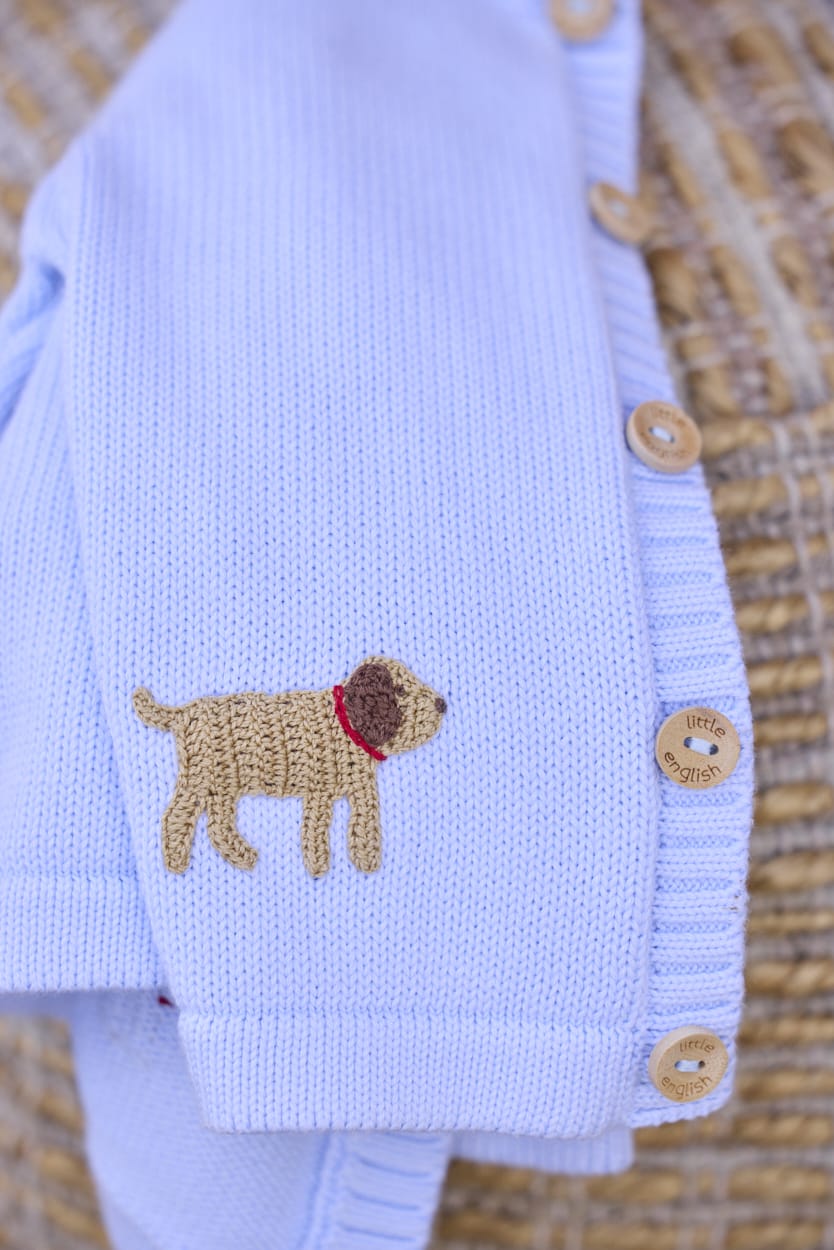 Little English traditional baby clothing, signature light blue crochet sweater with lab for baby boy