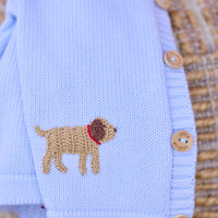 Little English traditional baby clothing, signature light blue crochet sweater with lab for baby boy