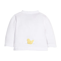 Little English traditional children's clothing  Classic white unisex crochet sweater with yellow ducks for baby.