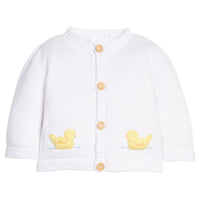 Little English traditional children's clothing  Classic white unisex crochet sweater with yellow ducks for baby.