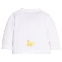 Little English traditional children's clothing  Classic white unisex crochet sweater with yellow ducks for baby.