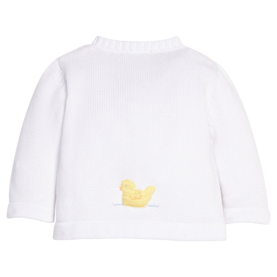 Little English traditional children's clothing  Classic white unisex crochet sweater with yellow ducks for baby.