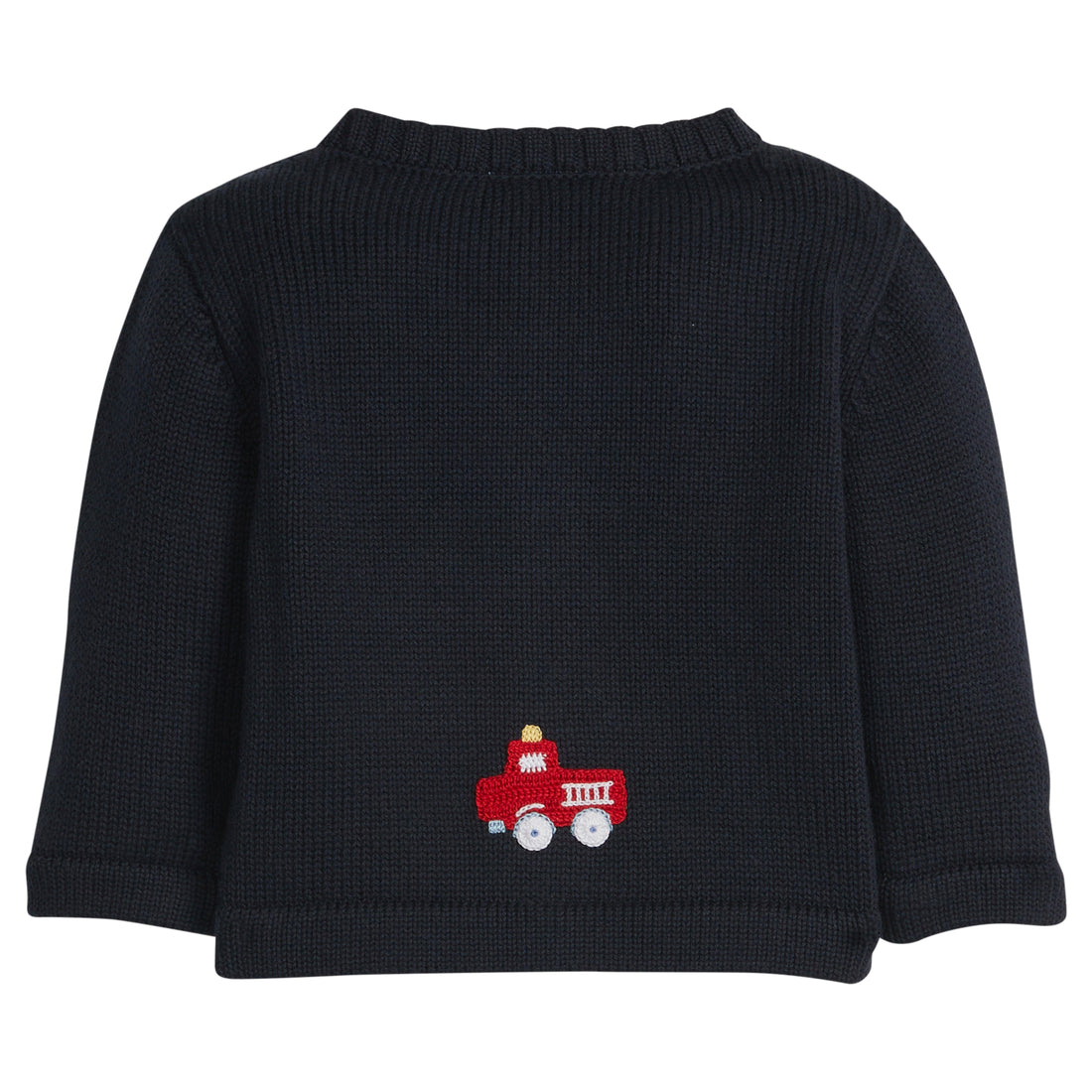 Little English classic baby clothes, signature navy cardigan with red fire trucks for baby boys