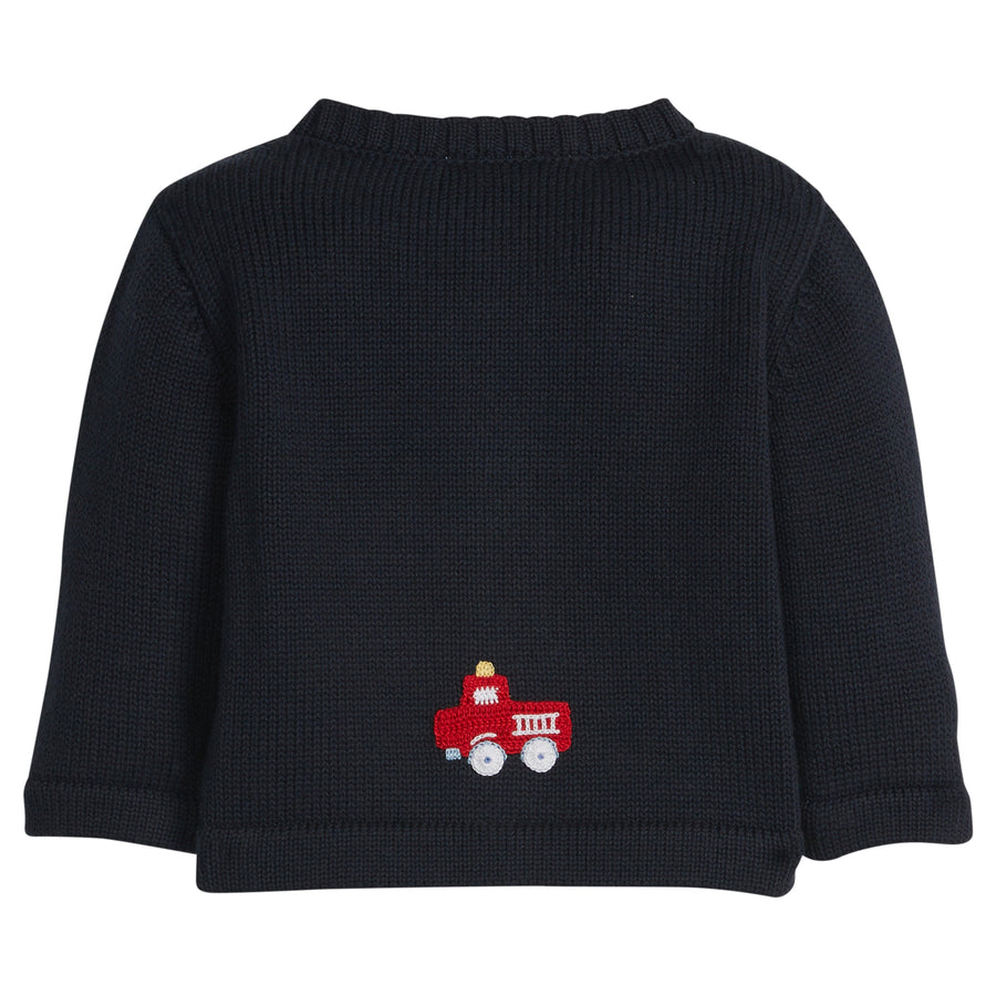 Little English classic baby clothes, signature navy cardigan with red fire trucks for baby boys