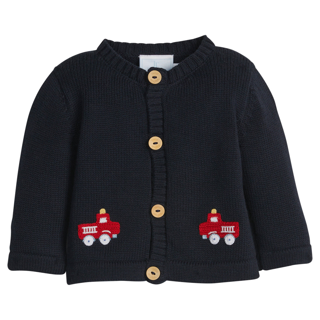 Little English classic baby clothes, signature navy cardigan with red fire trucks for baby boys