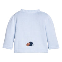 Little English traditional children's clothing.  Light blue cotton cardigan with crocheted football and helmet on either side and in back for baby boys. 
