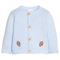 Little English traditional children's clothing.  Light Blue crochet sweater with crochet footballs and wooden button details for baby