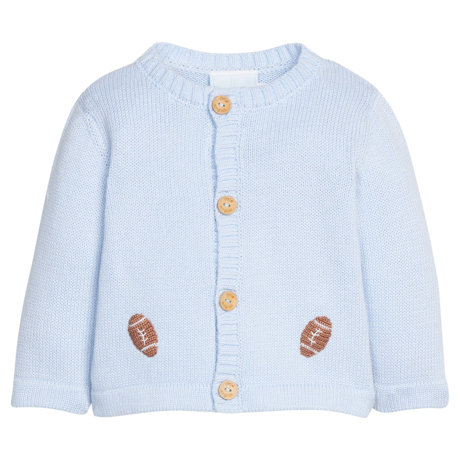 Little English traditional children's clothing.  Light Blue crochet sweater with crochet footballs and wooden button details for baby