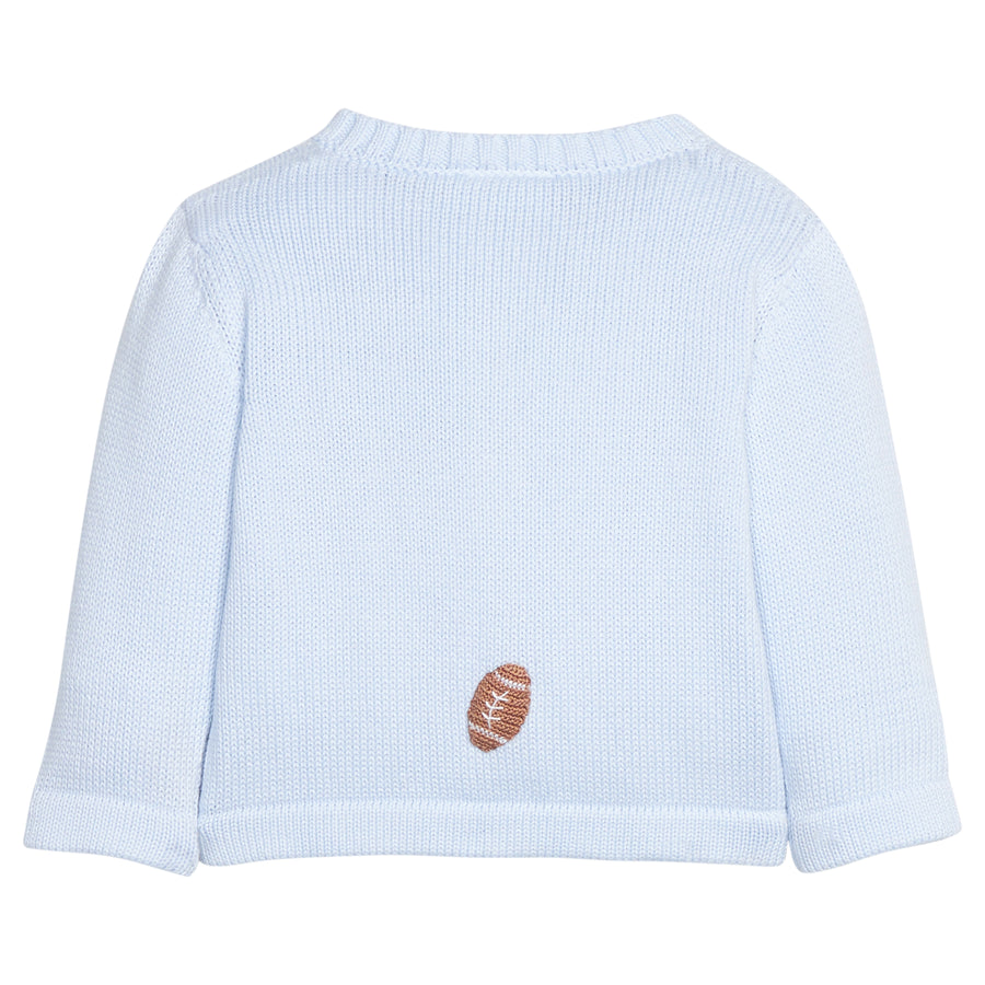 Little English traditional children's clothing.  Light Blue crochet sweater with crochet footballs and wooden button details for baby