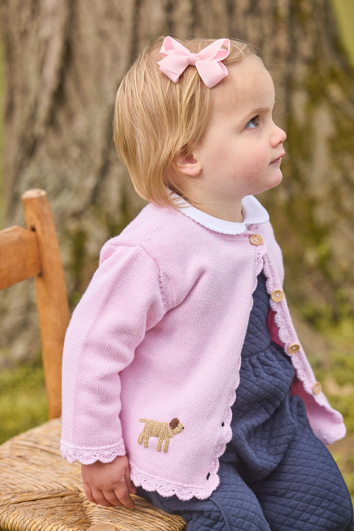 Little English traditional crochet sweater, pink lab crochet sweater for baby girl, quilted overall in navy, peter pan onesie in white