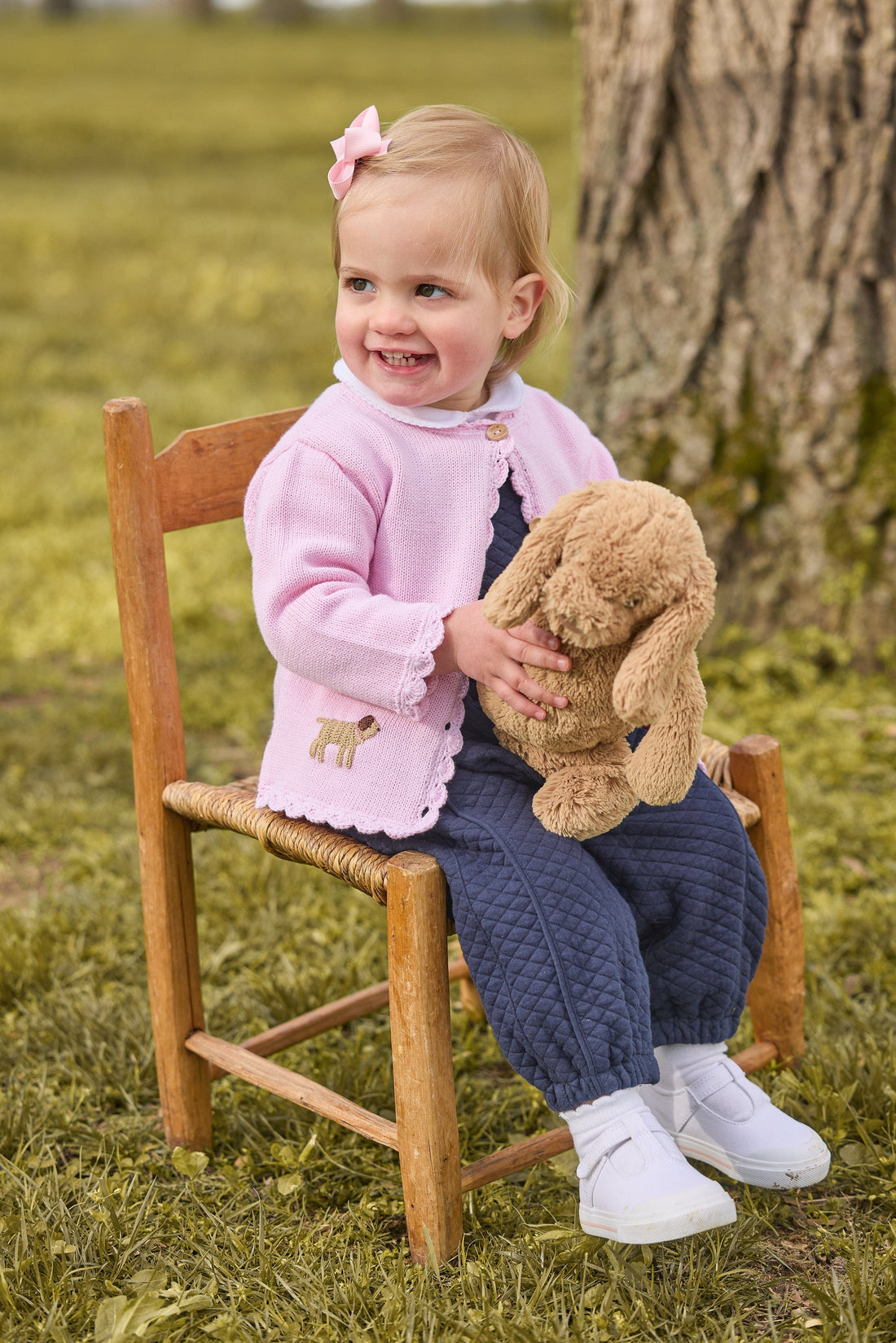 Little English traditional crochet sweater, pink lab crochet sweater for baby girl, quilted overall in navy, peter pan onesie in white