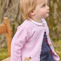 Little English traditional crochet sweater, pink lab crochet sweater for baby girl, quilted overall in navy, peter pan onesie in white