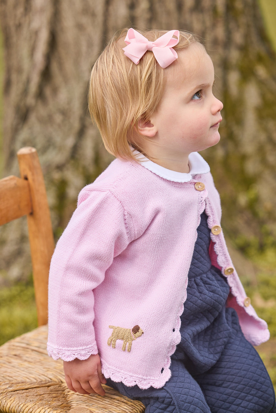 Little English traditional crochet sweater, pink lab crochet sweater for baby girl, quilted overall in navy, peter pan onesie in white